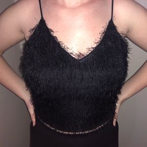 fuzzy/fringe black crop top
